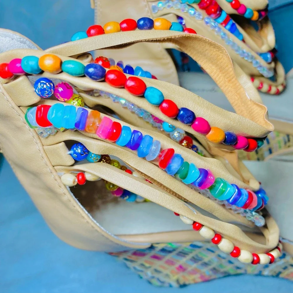 Get More‎ Beauty Hobo Platform Wedges with Beads Across The Top Size 9